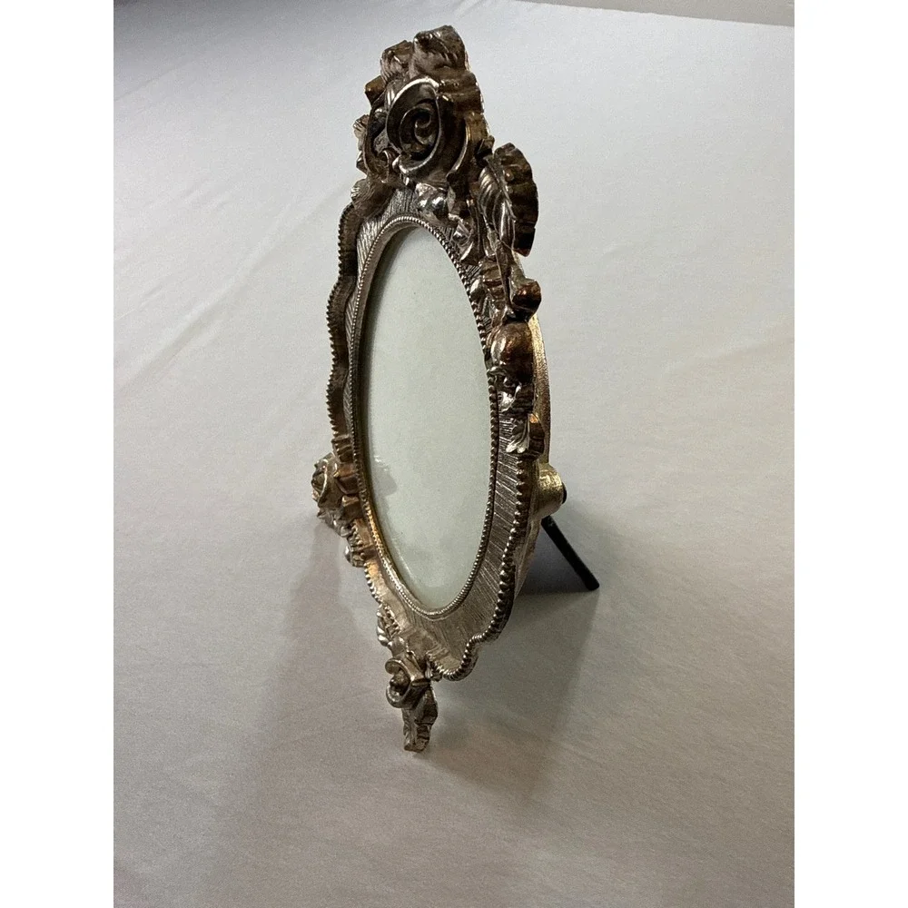 Vintage Ornate Rose Floral Oval Photo Frame Gold Silver Tone Metallic 4x6 Small